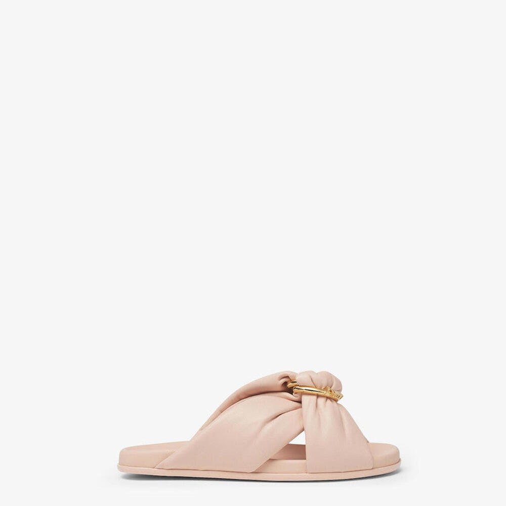 Fendi Blush Knotted Leather Slide Sandals with Gold Ring Hardware